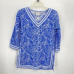 Gretchen Scott Blue White Tunic Top Shirt Floral Pattern V Neck Half Sleeve XS